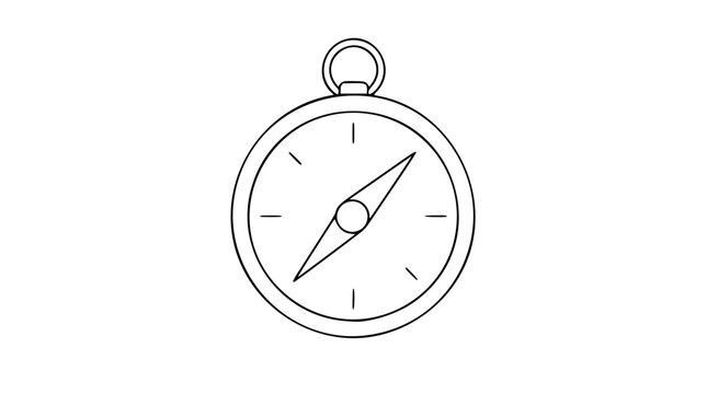 A clean black and white line art vector compass icon featuring a detailed directional rose, ideal for educational materials, outdoor gear branding, or expedition planning platforms seeking a classic h