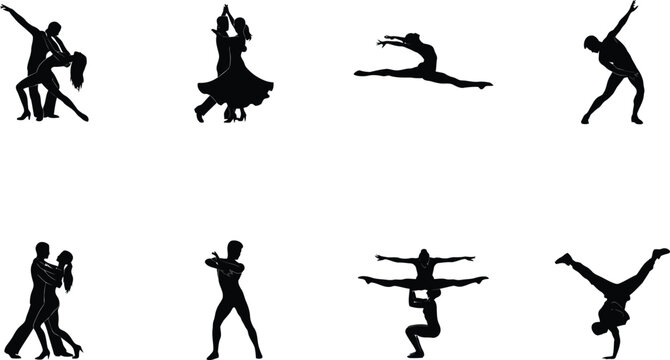 Silhouettes of dancers and acrobats in dynamic poses vector illustration