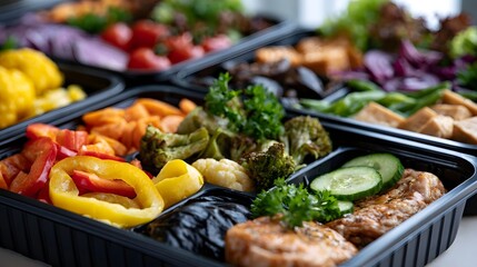 Obraz premium Colorful assortment of fresh vegetables and grilled chicken arranged neatly in black compartmentalized meal containers