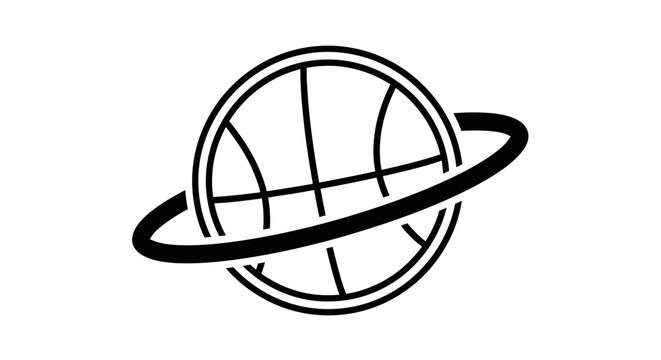 Basketball planet icon with orbital ring.
