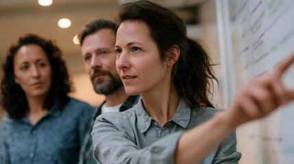 Obraz premium A woman points to notes on a whiteboard while two colleagues observe during an office meeting