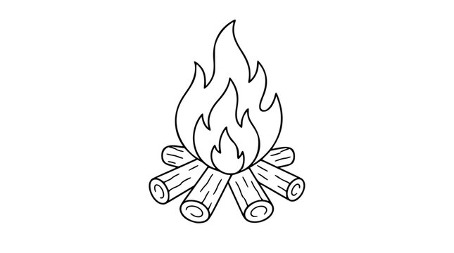 A clean black and white line art vector icon of a crackling bonfire with radiating warmth, suitable for outdoor recreation guides, travel promotional materials, or nature-inspired visual compositions.
