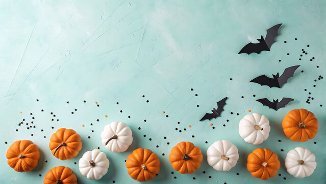 Modern Halloween flat lay composition. Autumn festive border with mini pumpkins and bats
