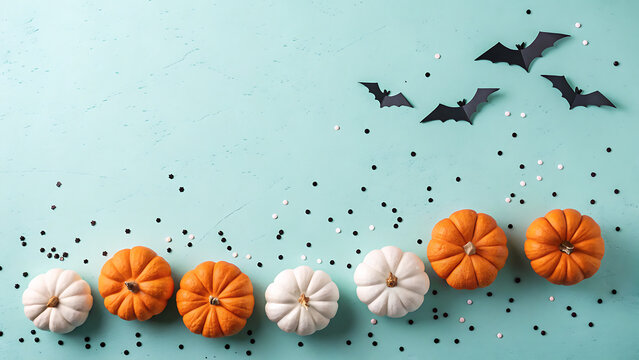 Modern Halloween flat lay composition. Autumn festive border with mini pumpkins and bats
