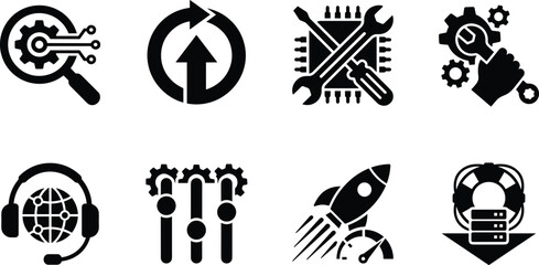 Fototapeta premium Information Technology Technical Support System Optimization and Hardware Maintenance Black Silhouette Icon Set