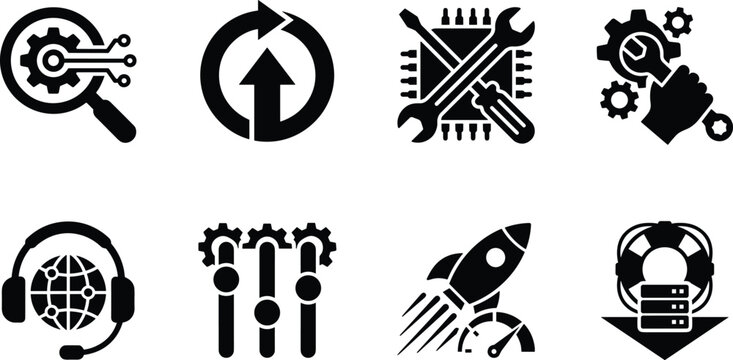 Information Technology Technical Support System Optimization and Hardware Maintenance Black Silhouette Icon Set