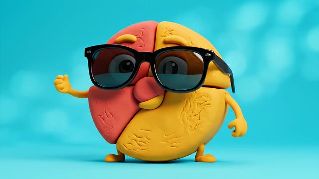 Cute 3D clay pie chart character wearing sunglasses on blue background