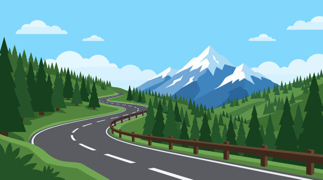 Minimalist flat mountain landscape background with winding road pine forest and snowy peak banner