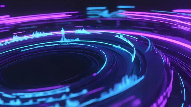 Abstract digital animation of colorful circular patterns and waveforms in vibrant pink and blue tones, creating a dynamic visual experience in a dark background setting