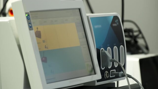 Electrosurgical unit monitor shows data in hospital surgery room closeup. Medical device to cut coagulate desiccate and fulgurate tissue