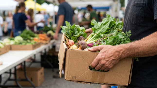 Community supported agriculture box fresh vegetable box market distribution hand holding produce organic farm delivery local food harvest box
