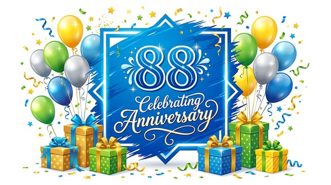 88th anniversary celebration card with colorful balloons and gift boxes