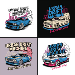 Four pixel art style drift cars with vintage text designs © Vectyx