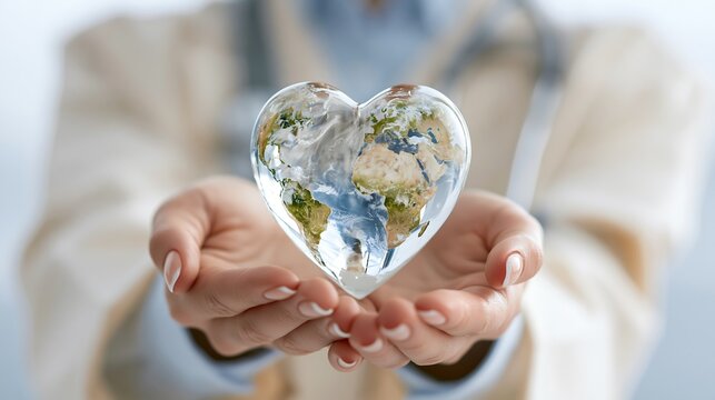 Hands Holding Clear Glass Heart Containing Earth for Environmental Conservation Concept