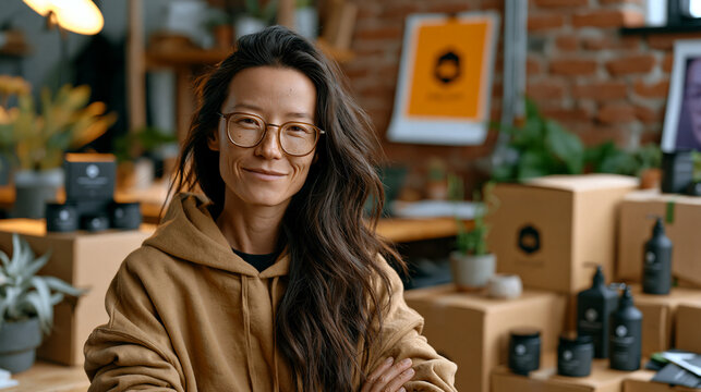 Small business owner pivoting her product line, surrounded by discontinued inventory boxes being relabeled, a new logo proof pinned to the wall, entrepreneurial courage, business transformation, bra