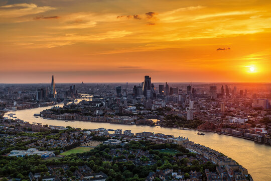 Fiery summer sunset view of the urban skyline of London, England, during a heatweave