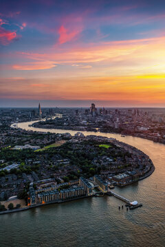 Panoramic view of the urban skyline of London, England, during summer dusk