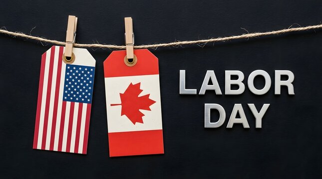 Labor day celebration featuring united states and canada flags on tags with a dark backdrop