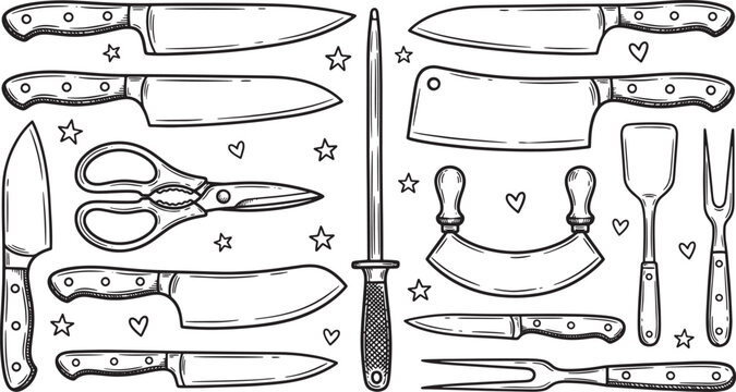 Hand drawn kitchen cutlery set featuring various chef knives scissors and cooking utensils in sketch style