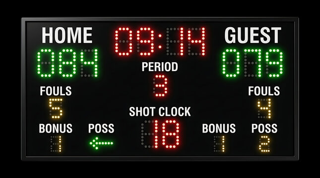 Electronic basketball scoreboard with led digital display showing time and score