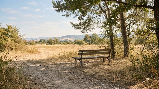 Empty wooden park bench under a tree in a dry parched European countryside landscape during summer drought