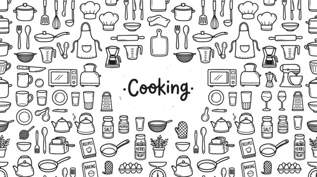 Hand drawn kitchenware and cooking utensils pattern with central text space for culinary design and food concepts
