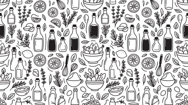 Hand drawn seamless pattern with kitchen bottles herbs and vegetables in black and white vector illustration