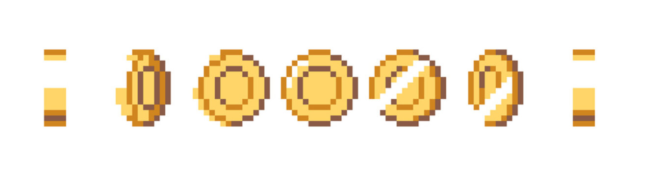 Animated pixel art gold coin sprite sheet. Retro 8-bit shiny loot sequence for 2D game UI.