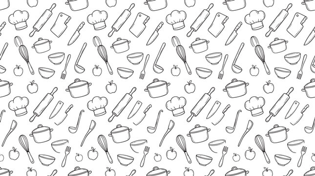 Seamless pattern of hand drawn kitchen utensils and cooking tools in a sketch style vector illustration