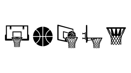 Basketball hoop and ball silhouettes in various views on white background vector graphic © MdShahazahan