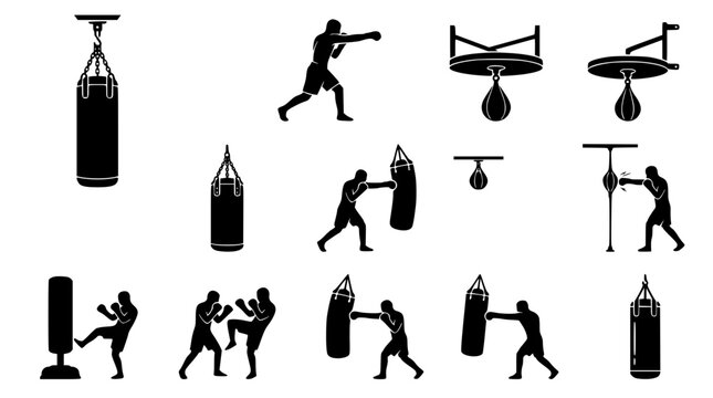 Boxing and Kickboxing Silhouettes with Punching Bags in Dynamic Action Poses
