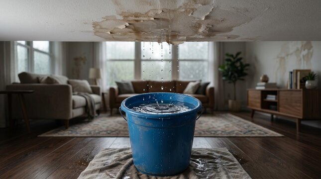 Blue bucket catching water from a leaking damaged ceiling in a modern living room
