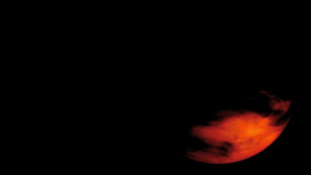 Fiery planet with swirling clouds rotates in deep space