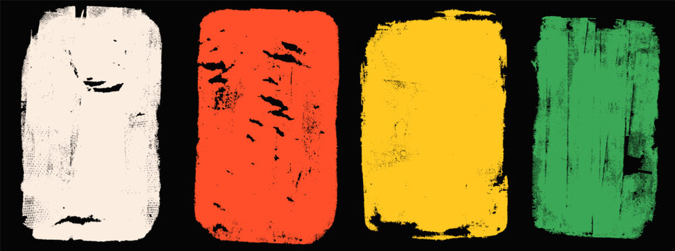 Graffiti text box with texture grunge doodle and rectangle shape for rough urban poster. Cream red yellow and green inked blocks on black backdrop. Vector graffiti tagged set isolated for grange bg