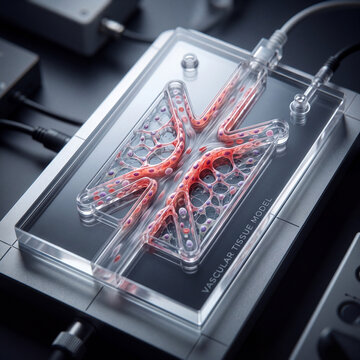 Organ-on-a-chip microfluidic device with connected vascular channels containing red fluid sits on a laboratory testing platform in a sterile medical research setting for scientific innovation.