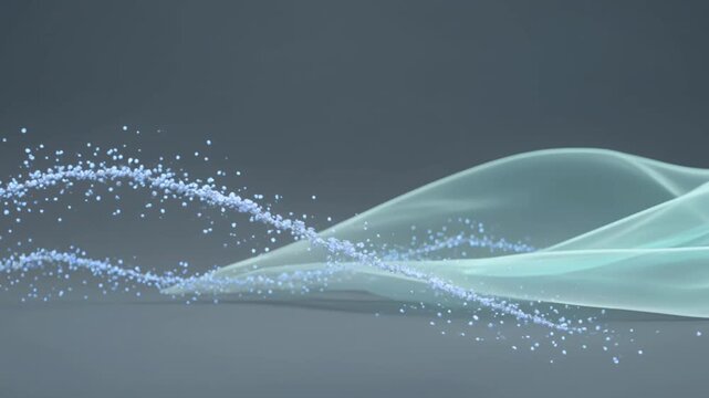 Abstract fluid motion with blue particles flowing over translucent waves, creating a dynamic visual effect against a soft gray background