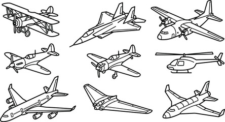 Airplane and Aircraft Fleet Outline Icon Set Featuring Commercial Jet Military Fighter Helicopter Biplane Propeller and Cargo Flight Vectors for Aviation Graphic Designs © tofajjol studio