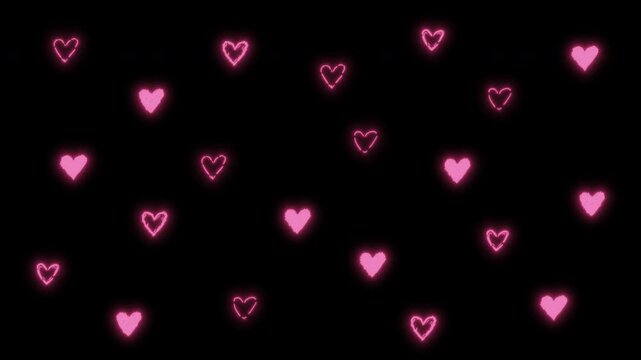 ピンクに発光する手描きのラフなハートがキラキラ光る落書きループ透過素材