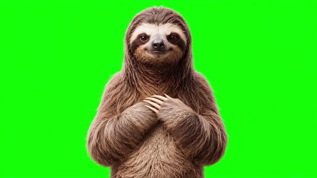 Realistic 3D sloth placing hand on heart in a sincere gesture of deep gratitude and trust, honest corporate promise and loyal customer service concept isolated on chroma key green screen background