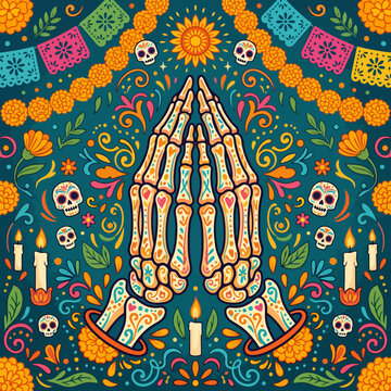 Decorative skeleton hands in a prayer pose with floral patterns