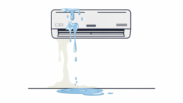 Indoor air conditioner unit pouring water with drips and puddle demonstrating cooling and condensation effect