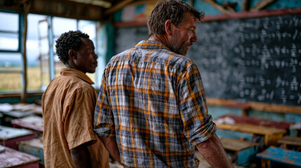 Naklejka premium International volunteer assists a local teacher in a rural classroom overseas, both standing at a chalkboard covered in math problems, mismatched desks, open windows with a field visible outside, et