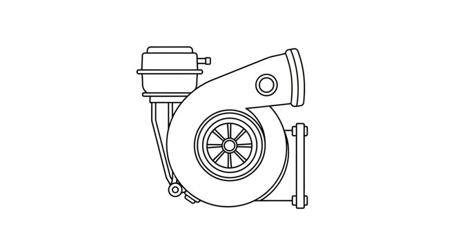 Turbocharger schematic drawing, automotive performance engine part, isolated on white background