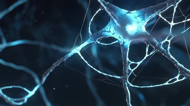 Realistic neuron cell network activity fly through, 3d render seamless loop animation of pulsing blue synapse connections in dark atmosphere, 4K