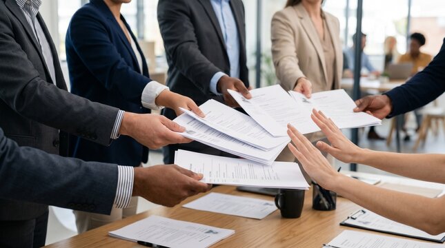 Diverse Professional Team Members Collaborating and Exchanging Corporate Documents During an Office Meeting