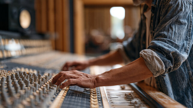 Sound engineer at large-format analog mixing console in professional recording studio, both hands adjusting fader positions during orchestral session, acoustic panels lining