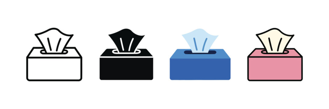 Tissue box icons featuring facial tissue dispensers, hygiene essentials, and clean minimalist vector graphics for healthcare, home, office, and bathroom supplies.