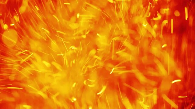 Abstract motion of glowing embers and sparks in fiery orange and yellow hues