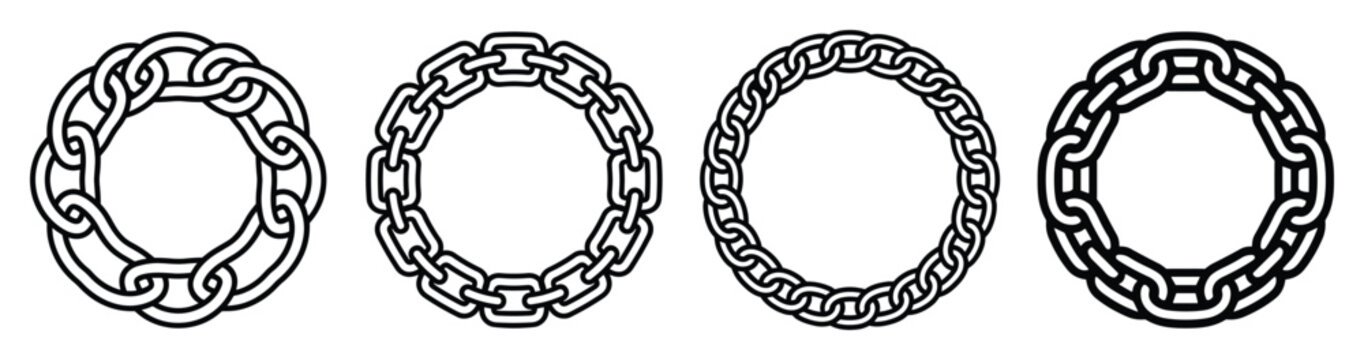 Vector chain circle frame set with various linked designs. Use for emblem borders, logo elements, concepts of strength, unity, and security