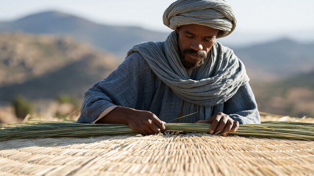 Ethiopian traditional thatching craftsman working on circular tukul rooftop binding fresh grass bundles to timber framework with practiced wrist technique as late dry-season sun
